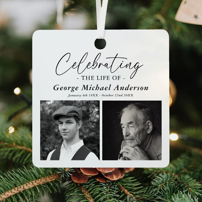 Elegant 2 Photo 'Celebrating the Life' Tribute Metal Ornament (Creator Uploaded)