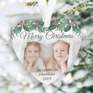 Elegant 2 Photo Holly Greenery Merry Christmas Ornament