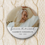 Elegant 2 Photo Memorial Funeral Inch Round Button<br><div class="desc">Elegant memorial funeral keepsake button featuring a simple white background,  the saying 'forever missed' that incorporates a heart centre,  a photo of your loved one who you are remembering,  their name,  and the years.</div>
