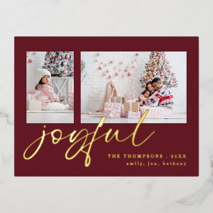 Elegant 2 Photo Script Joyful Christmas Burgundy Foil Holiday Postcard