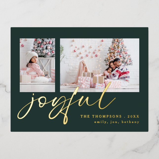 Elegant 2 Photo Script Joyful Christmas Green Foil Holiday Postcard (Front)