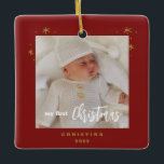 Elegant 2-Sided My First Christmas Baby's Photo Ceramic Ornament<br><div class="desc">Simple and gorgeous in gold tone with a white festive holiday script this 2-sided My First Christmas with Baby's photo.  Replace with your photo,  name,  and year just once,  and it will duplicate the back,  austomatically.  Enjoy the Season!</div>
