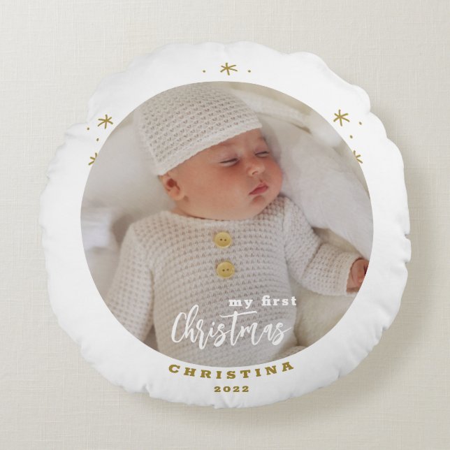 Elegant 2-Sided My First Christmas Baby's Photo  R Round Pillow (Front)