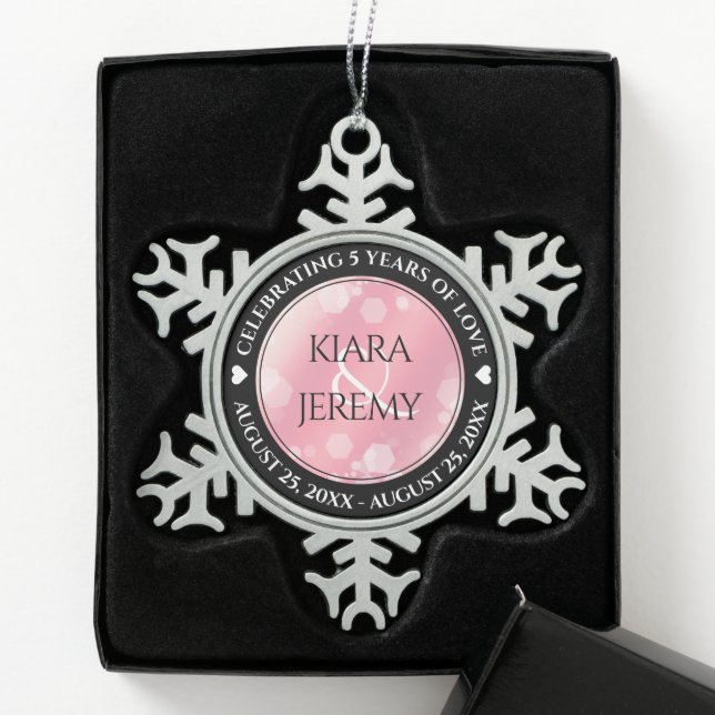 Elegant 2nd 5th Rose Quartz Wedding Anniversary Snowflake Pewter Christmas Ornament (Box)