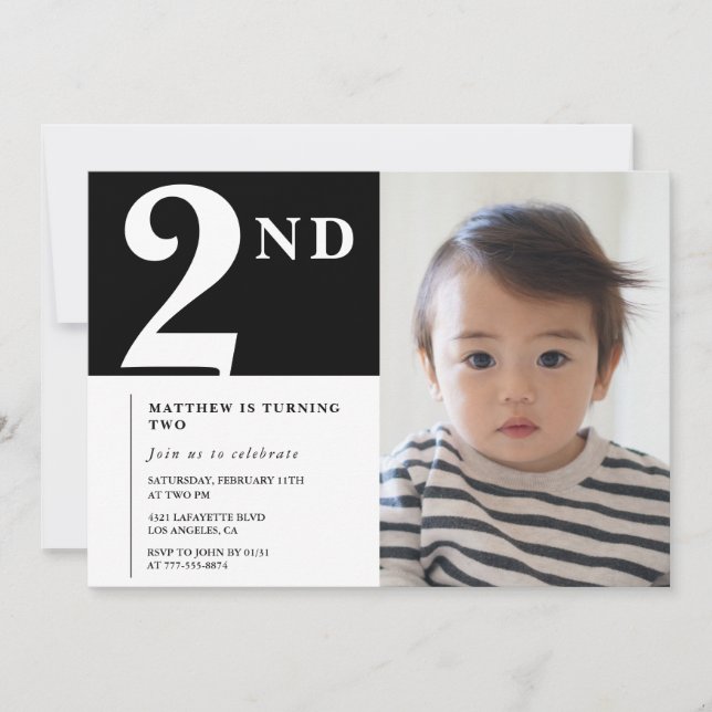 Elegant 2nd birthday invitation Black Boy Photo (Front)