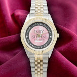 Elegant 2nd Rose Quartz Wedding Anniversary Watch<br><div class="desc">Celebrate the 2nd rose quartz wedding anniversary with this commemorative watch! Elegant lettering with hexagonal confetti on a rich pink background add a memorable touch for this special occasion and milestone. Customize with couple's names,  dates of marriage,  and congratulatory messages.

Design © W.H. Sim. See more at zazzle.com/expressionsoccasions</div>