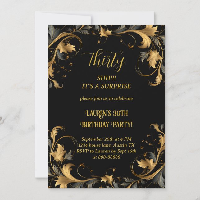 Elegant 30th Birthday Modern Black Gold Surprise Invitation (Front)