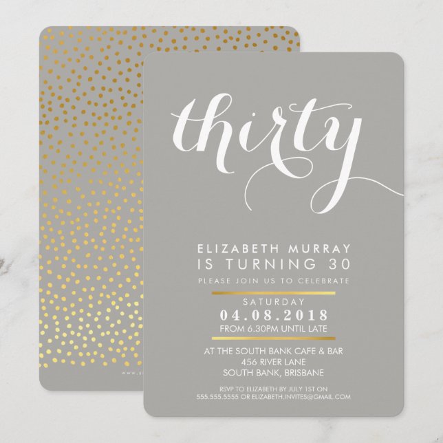 ELEGANT 30TH birthday party INVITE script grey (Front/Back)