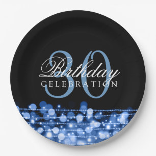 Elegant 30th Birthday Party Sparkles Blue Paper Plate