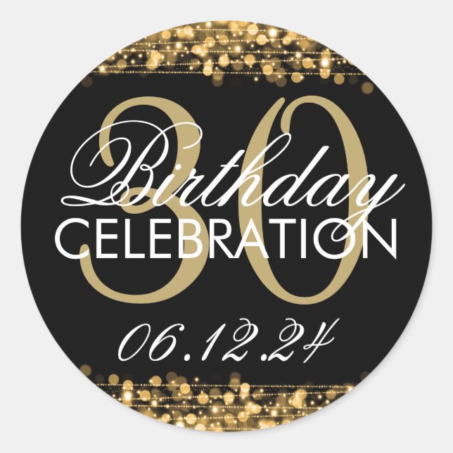 Elegant 30th Birthday Party Sparkles Gold Classic Round Sticker (Front)