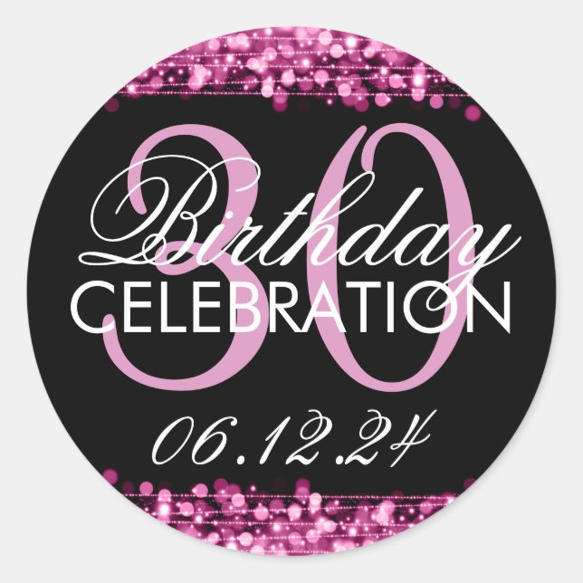 Elegant 30th Birthday Party Sparkles Pink Classic Round Sticker (Front)