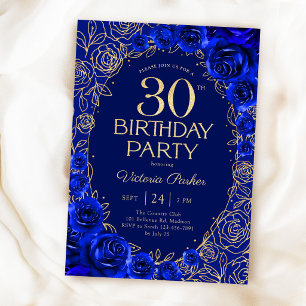 Elegant 30th Birthday Royal Blue Gold Floral Invitation