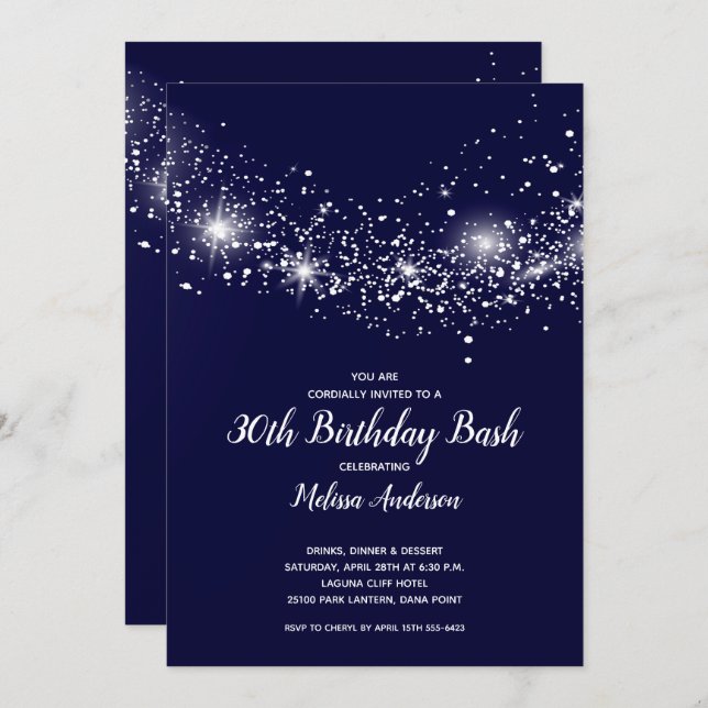 Elegant 30th Birthday Stars Navy Blue Invitation (Front/Back)