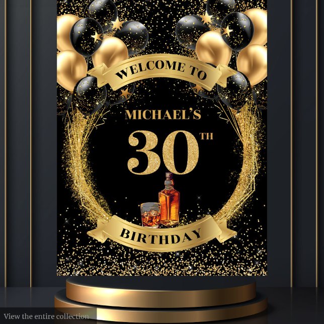 Elegant 30th Man Birthday Whiskey Party Banner Tapestry (Elegant 30th Man Birthday Whiskey Party Banner)