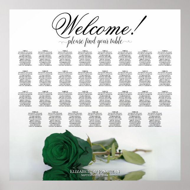 Elegant 31 Table Emerald Green Rose Seating Chart (Front)