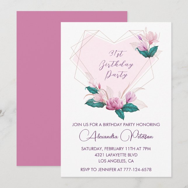 Elegant 31st birthday invitations Pink Floral (Front/Back)
