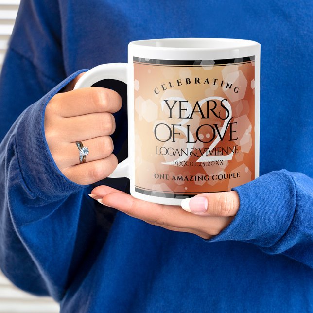 Elegant 32nd Bronze Wedding Anniversary Large Coffee Mug (32nd wedding anniversary jumbo mug held by woman sporting a wedding ring and blue sweatshirt.)