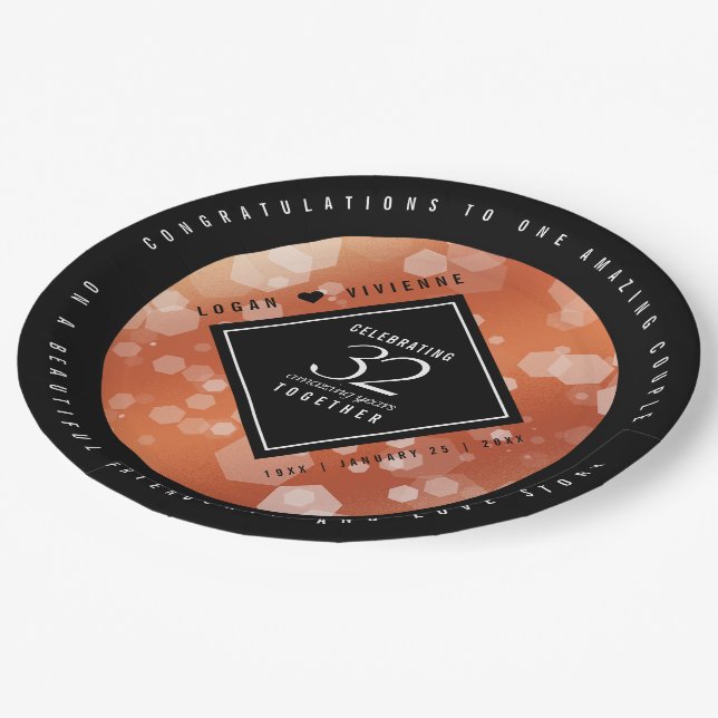 Elegant 32nd Bronze Wedding Anniversary Paper Plate (Angled)