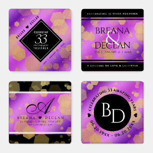 Elegant 33rd Amethyst Wedding Anniversary Coaster Set
