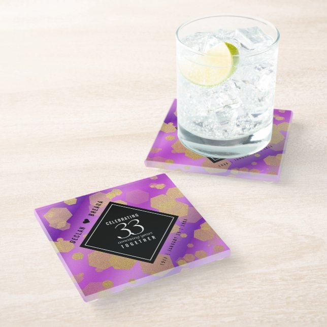Elegant 33rd Amethyst Wedding Anniversary Glass Coaster (Angled)