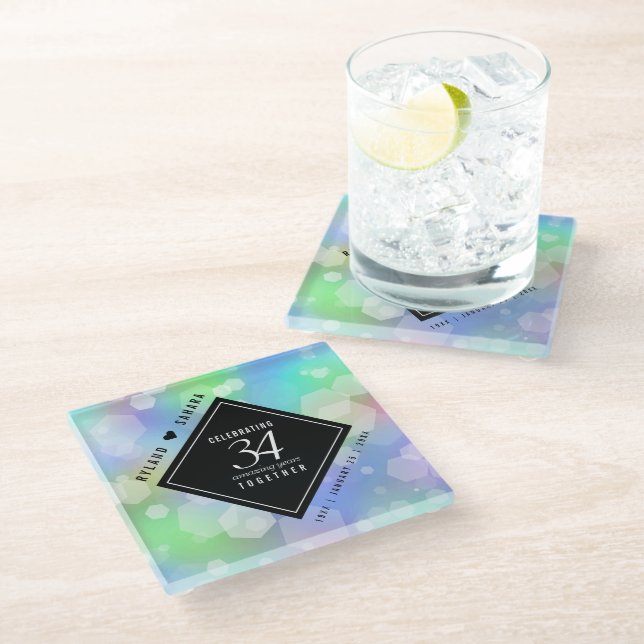 Elegant 34th Opal Wedding Anniversary Celebration Glass Coaster (Angled)