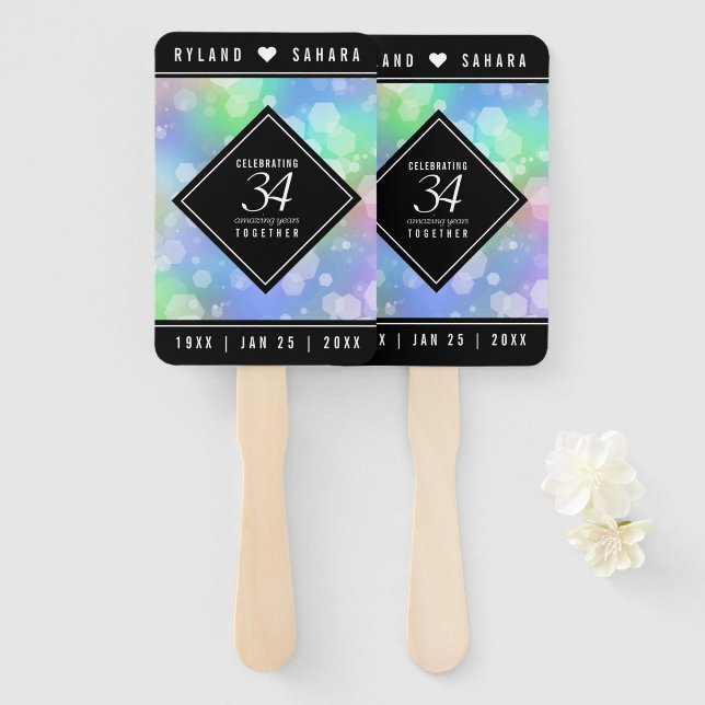 Elegant 34th Opal Wedding Anniversary Celebration Hand Fan (Front and Back)
