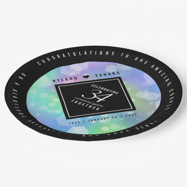 Elegant 34th Opal Wedding Anniversary Celebration Paper Plate (Angled)