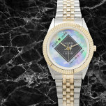 Elegant 34th Opal Wedding Anniversary Celebration Watch<br><div class="desc">Celebrate the 34th opal wedding anniversary and a love that stands the test of time with this stylish watch! Elegant black and white lettering with hexagonal confetti on an iridescent opal background add a memorable touch for this special occasion and extraordinary milestone. Personalize with the couple's names and dates of...</div>