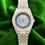 Elegant 34th Opal Wedding Anniversary Celebration Watch<br><div class="desc">Celebrate the 34th opal wedding anniversary with this commemorative watch! Elegant lettering with hexagonal confetti on an iridescent opal background add a memorable touch for this special occasion and extraordinary milestone. Customize with couple's names,  dates of marriage,  and congratulatory messages.

Design © W.H. Sim. See more at zazzle.com/expressionsoccasions</div>