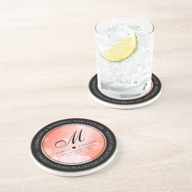 Elegant 35th Coral Wedding Anniversary Celebration Coaster (Side)
