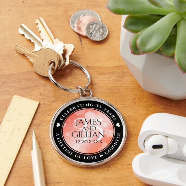 Elegant 35th Coral Wedding Anniversary Celebration Keychain (Desk)