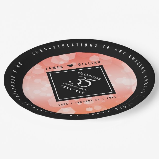 Elegant 35th Coral Wedding Anniversary Celebration Paper Plate (Angled)