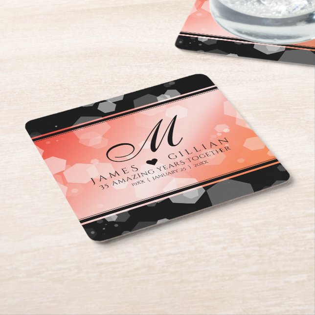 Elegant 35th Coral Wedding Anniversary Celebration Square Paper Coaster (Angled)