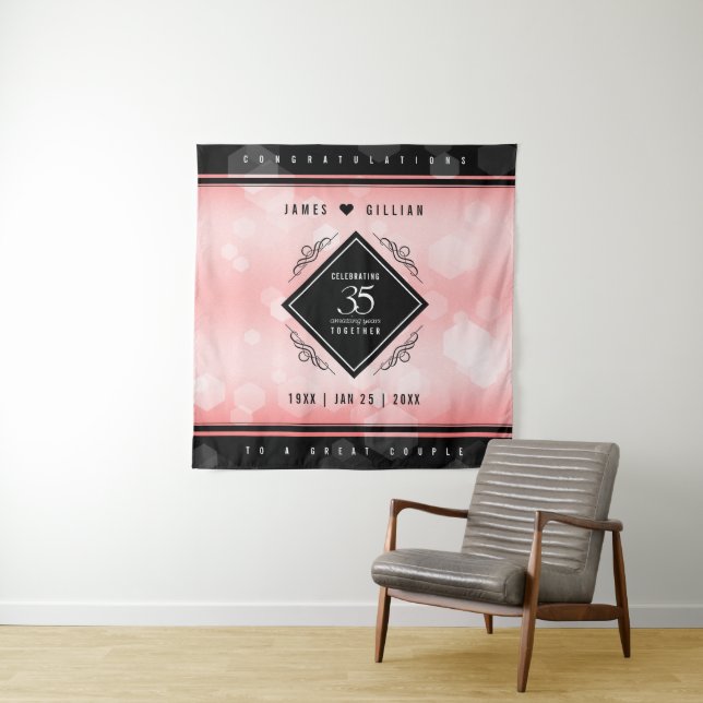 Elegant 35th Coral Wedding Anniversary Celebration Tapestry (In Situ)