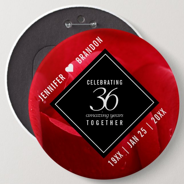 Elegant 36th Rose Wedding Anniversary Celebration 6 Inch Round Button (Front & Back)
