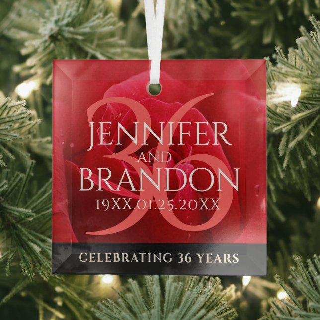 Elegant 36th Rose Wedding Anniversary Celebration Glass Ornament (Insitu)