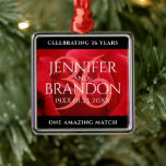 Elegant 36th Rose Wedding Anniversary Celebration Metal Ornament<br><div class="desc">Celebrate the 36th rose wedding anniversary with this commemorative ornament! Elegant white lettering on a romantic red rose background add a memorable touch for this special occasion and extraordinary milestone. Personalize with couple's names,  wedding dates,  and congratulatory messages.

Design © W.H. Sim. See more at zazzle.com/expressionsoccasions</div>
