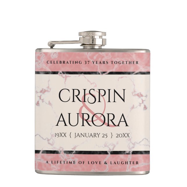 Elegant 37th Alabaster Wedding Anniversary Hip Flask (Front)
