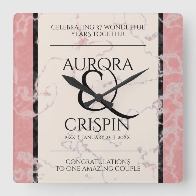 Elegant 37th Alabaster Wedding Anniversary Square Wall Clock (Front)