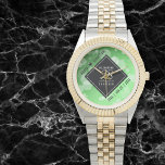 Elegant 38th Emerald Wedding Anniversary Watch<br><div class="desc">Celebrate the 38th emerald wedding anniversary and a love that stands the test of time with this stylish watch! Elegant black and white lettering with hexagonal confetti on an emerald green background add a memorable touch for this special occasion and extraordinary milestone. Personalize with the couple's names and dates of...</div>