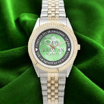 Elegant 38th Emerald Wedding Anniversary Watch<br><div class="desc">Celebrate the 38th emerald wedding anniversary with this commemorative watch! Elegant lettering with hexagonal confetti on an emerald green background add a memorable touch for this special occasion and extraordinary milestone. Customize with couple's names,  dates of marriage,  and congratulatory messages.

Design © W.H. Sim. See more at zazzle.com/expressionsoccasions</div>