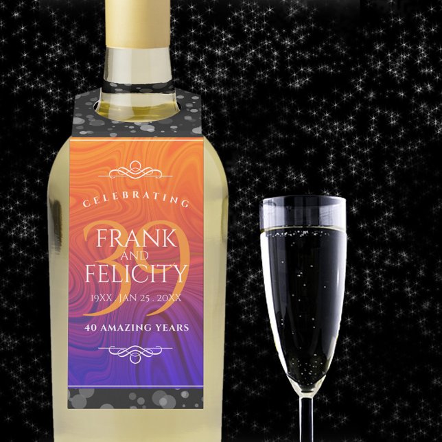 Elegant 39th Agate Wedding Anniversary Celebration Bottle Tag (39th agate wedding anniversary bottle hanger with champagne flute on a starry night sky.)