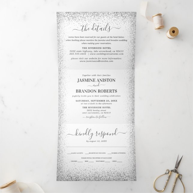 Elegant 3 in 1 Silver Glitter Wedding Tri-Fold Invitation (Inside)