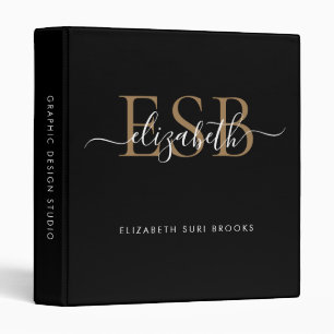 Elegant 3 Monogram Black Gold Script Office School Binder