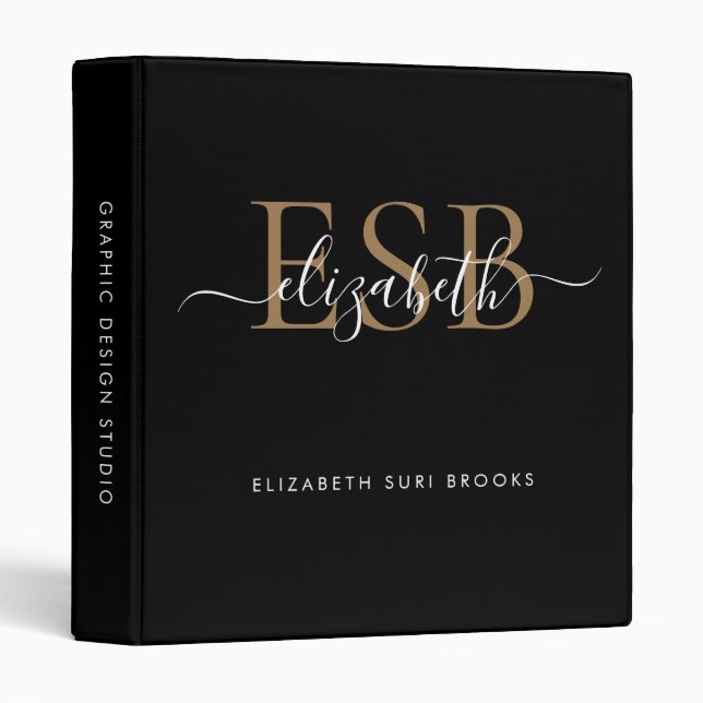 Elegant 3 Monogram Black Gold Script Office School Binder (Front/Spine)
