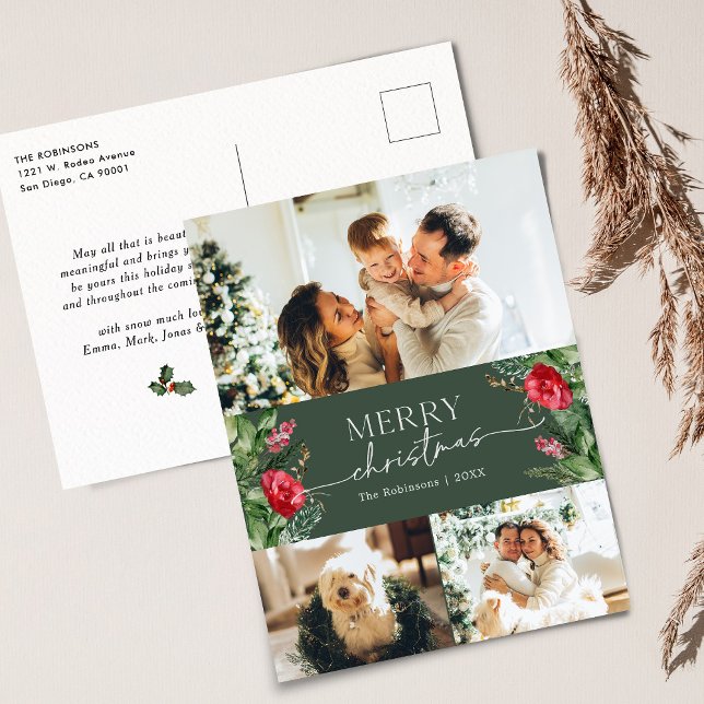 Elegant 3 Photo Botanical Merry Christmas Holiday Postcard (Creator Uploaded)
