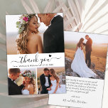 Elegant 3 Photo Collage Calligraphy Script Wedding Thank You Card<br><div class="desc">Minimalist Modern Elegant Script 3 Photo Collage Wedding Thank You Card. Stylish wedding thank you card template featuring 3 (three) photo on the front and one (1) photo on the back. With the text „Thank You” in a swirly hand lettering typography script font with swash tail and little love heart...</div>