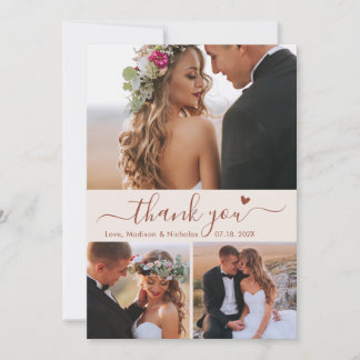 Elegant 3 Photo Collage Terracotta Script Wedding Thank You Card