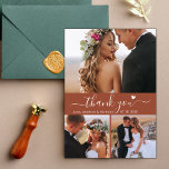 Elegant 3 Photo Collage Terracotta Script Wedding  Thank You Card<br><div class="desc">Minimalist Boho Modern Elegant Script 3 Photo Collage Terracotta Wedding Thank You Card. Stylish wedding thank you card template featuring 3 photo on the front and 1 photo on the back. With the text „Thank You” in a swirly hand lettered typography script font with swash tail and little love heart...</div>