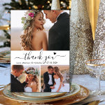 Elegant 3 Photo Collage Typography Script Wedding  Thank You Card<br><div class="desc">Minimalist Modern Elegant Script 3 Photo Collage Wedding Thank You Card. Stylish wedding thank you card template featuring 3 photo on the front and 1 photo on the back. With the text „Thank You” in a swirly hand lettered typography script font with swash tail and little love heart in black...</div>